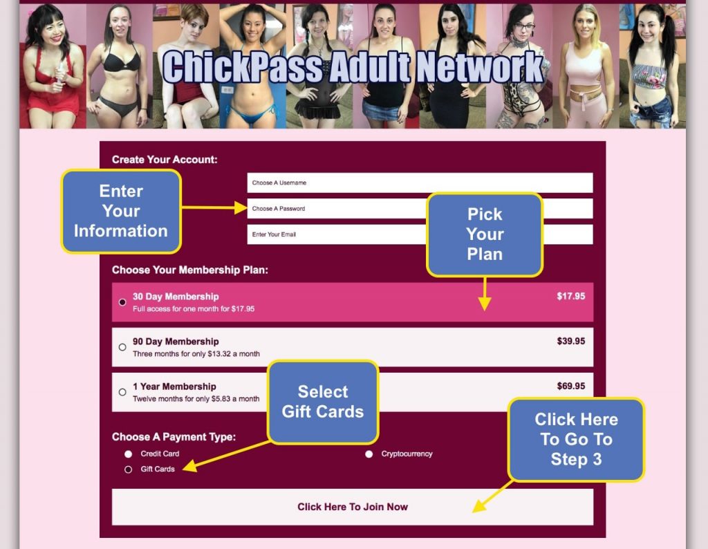 Join Chickpass Adult Network with Gift Cards - Step 2